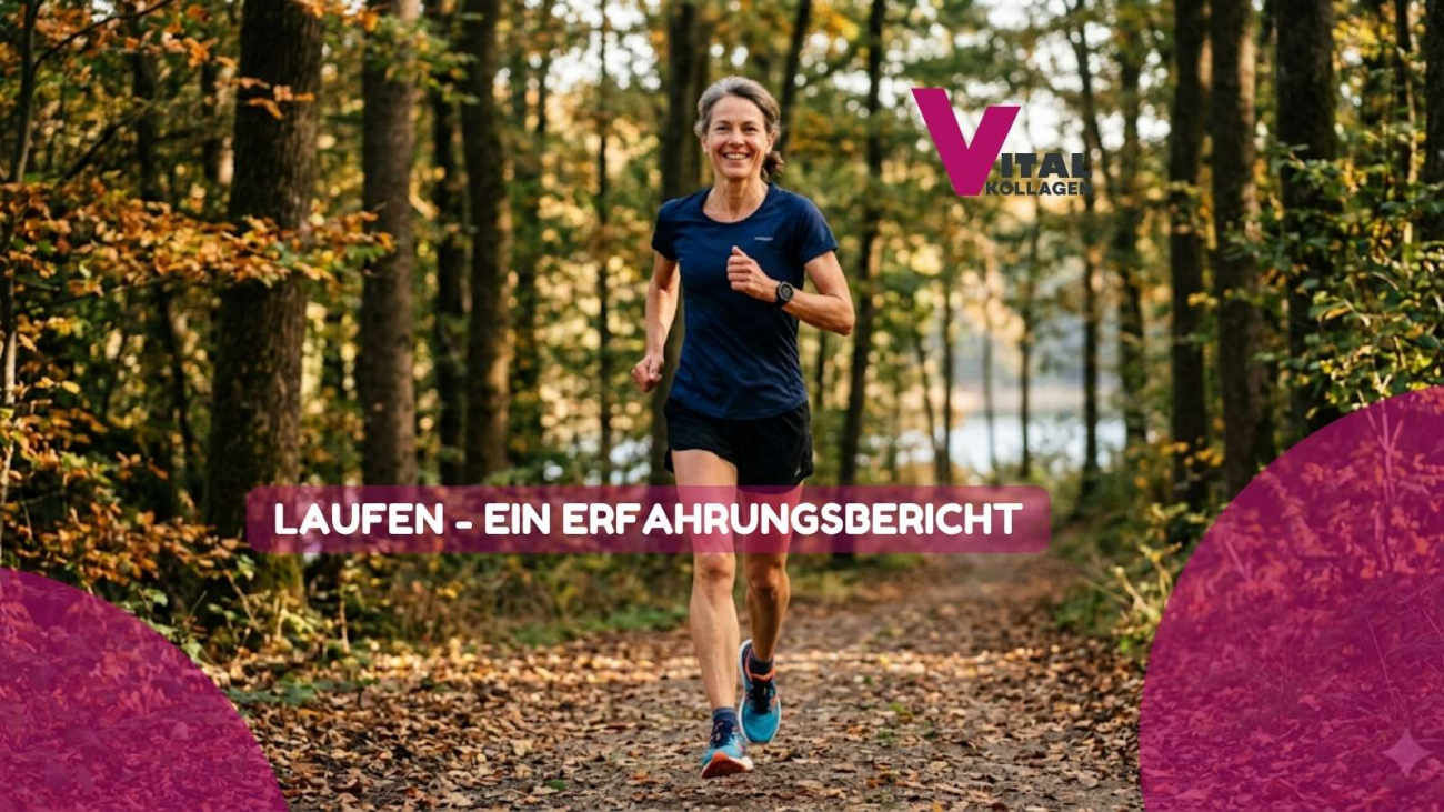 Eine lächelnde, mittelalte Frau läuft in blauer Sportkleidung und bunten Laufschuhen einen herbstlichen Waldweg entlang directly auf die Kamera zu. Der Weg ist mit braunem Laub bedeckt. Im Hintergrund schimmert ein See durch die hohen Bäume im goldenen Sonnenlicht des späten Nachmittags. Erfahrungsbericht laufen Katharina 50 Jahre