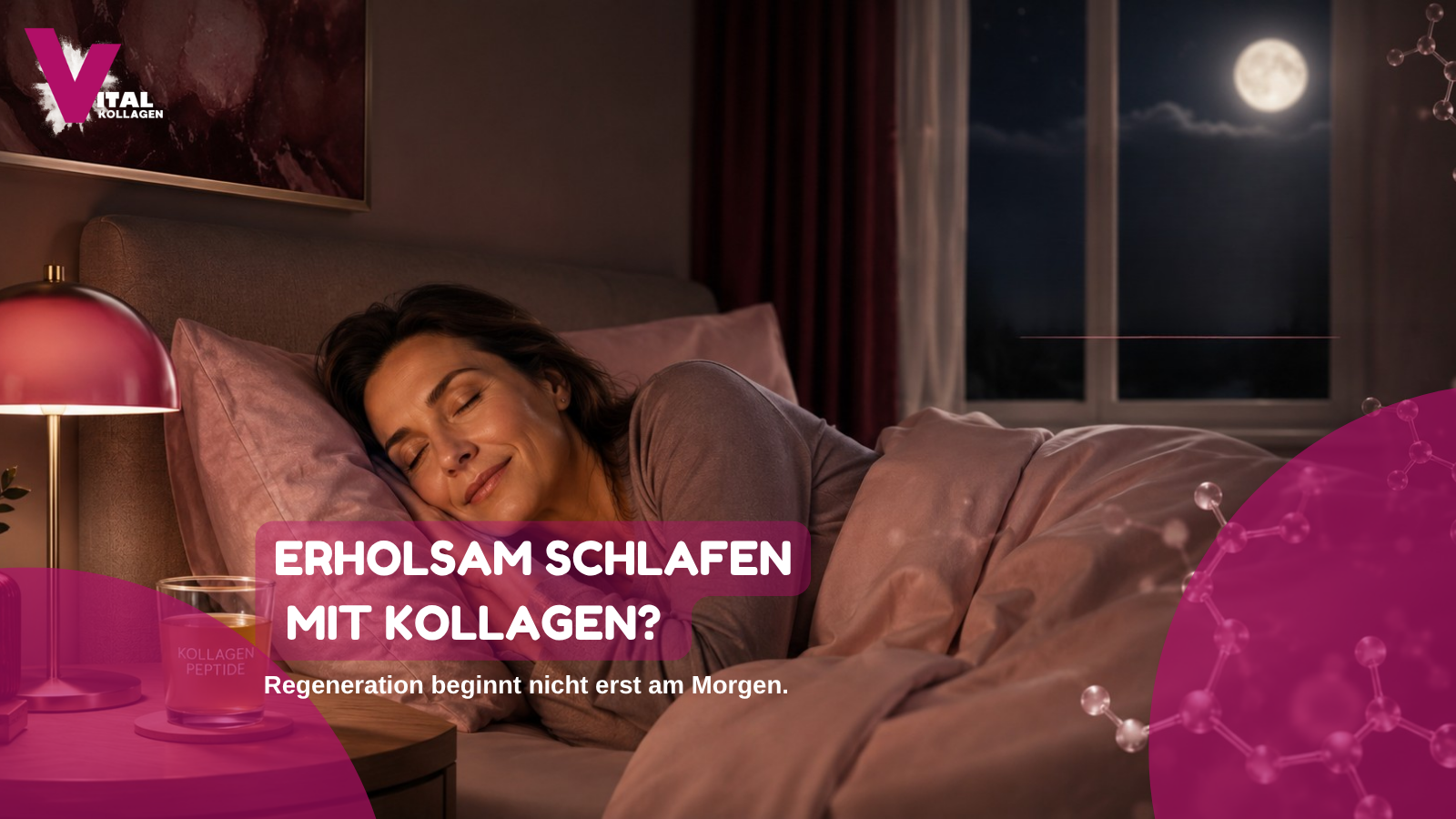Frau schläft erholsam im Bett neben einem Kollagengetränk, mit Mondlicht und Molekül-Grafiken als Symbol für Glycin, Schlaf und Regeneration.