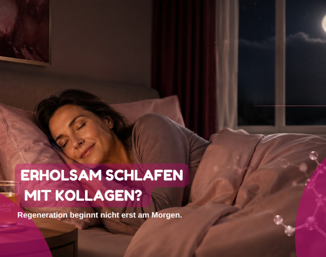 Frau schläft erholsam im Bett neben einem Kollagengetränk, mit Mondlicht und Molekül-Grafiken als Symbol für Glycin, Schlaf und Regeneration.